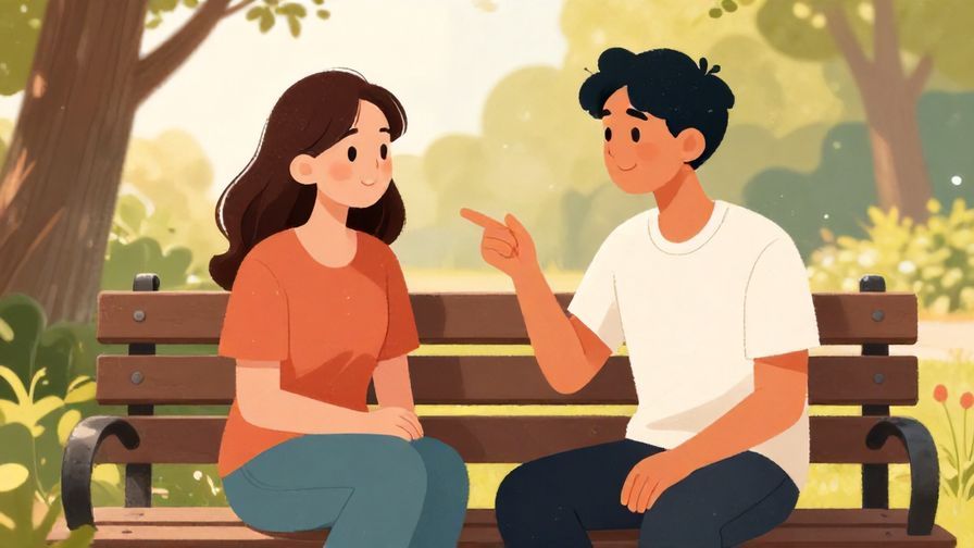Illustration of a casual chat between two friends sitting on park bench, one asking a quick question with soft smile, afternoon sunlight