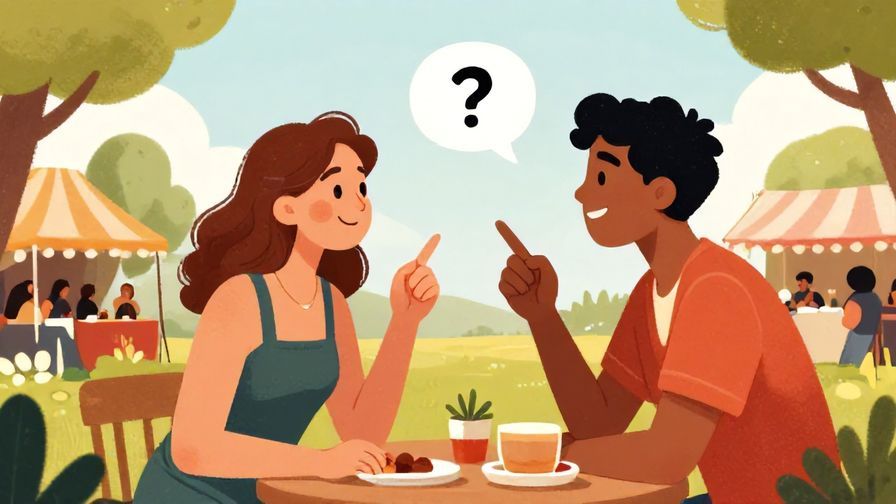 Illustration of a casual chat between two people at a festival, one asking a question with friendly curiosity