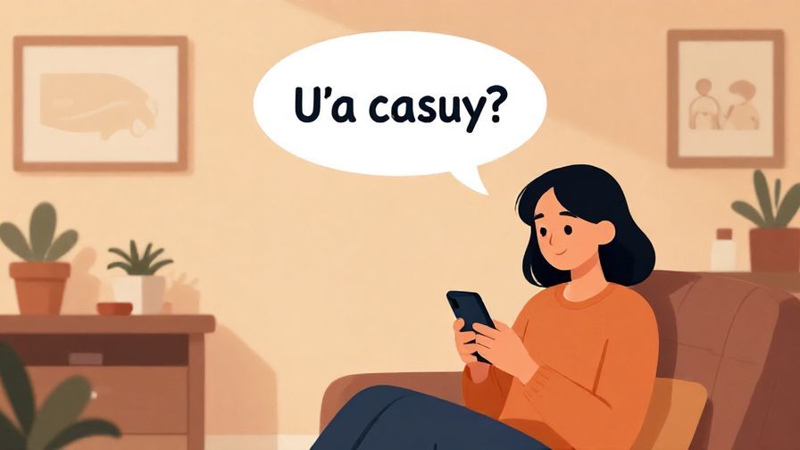 Illustration of a casual chat bubble over a cozy room background with a relaxed person checking their phone