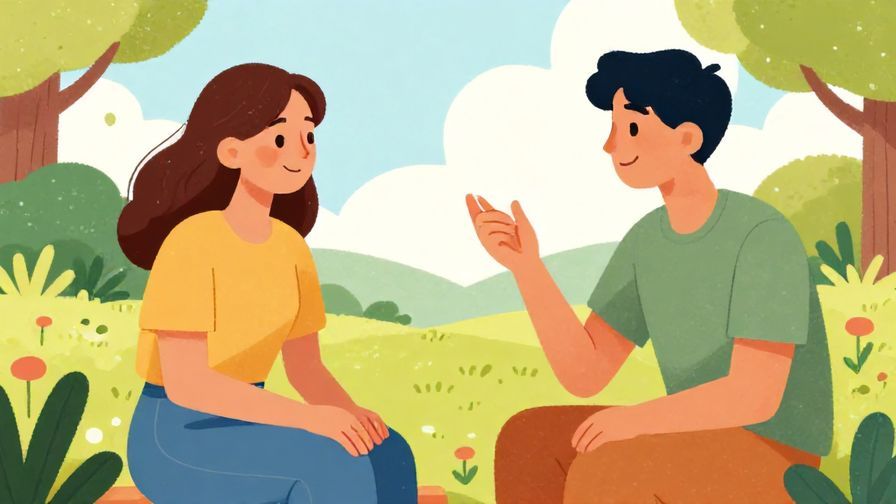 Illustration of a casual conversation between friends where one hesitantly asks for help, relaxed outdoor setting, vibrant and soft colors, illustrated style