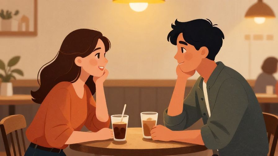 Illustration of a casual conversation between two friends at a café, one smiling and the other looking a bit better, warm ambient lighting