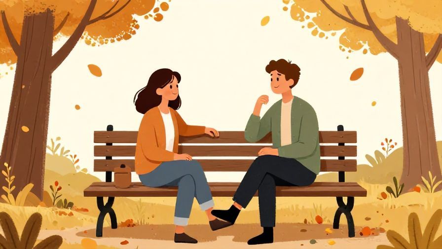 Illustration of a casual conversation between two people sitting on a park bench during autumn, relaxed and supportive, illustrated style
