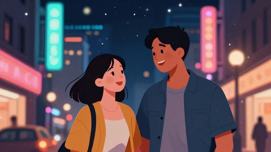 Illustration of a casual couple laughing together in a city street at night, neon lights and stars glowing softly