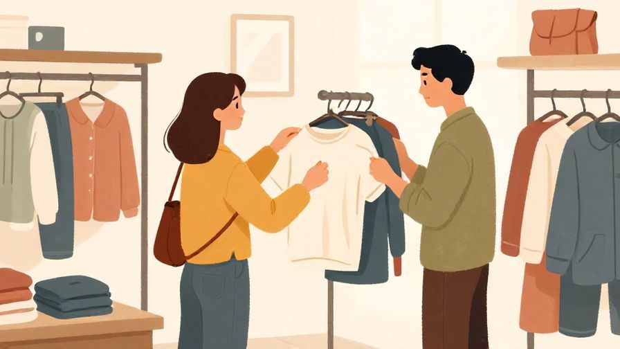 Illustration of a casual customer checking out clothes and asking about other sizes in a relaxed store environment