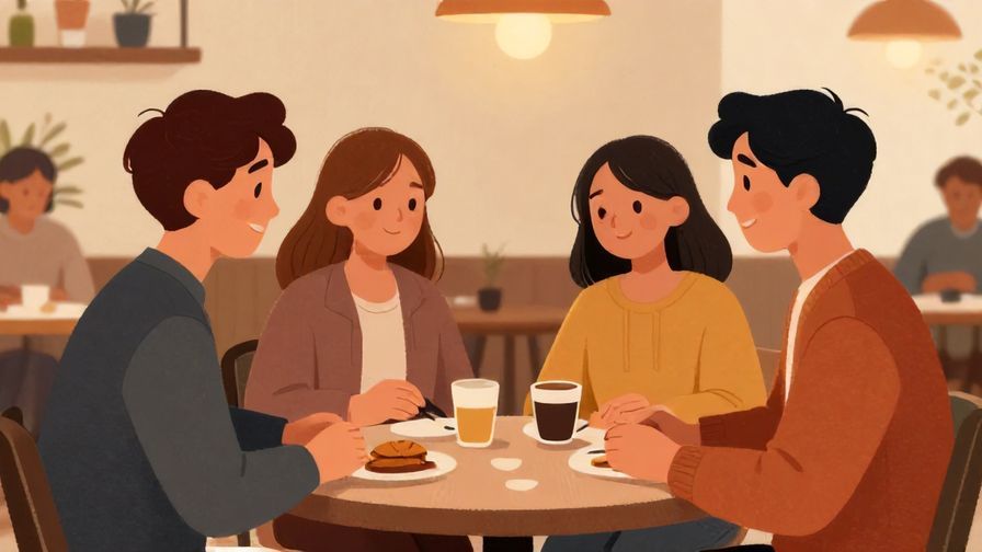 Illustration of a casual group chat scene with friends exchanging thanks, cozy cafe background, warm lighting