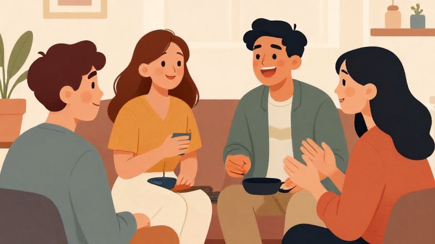 Illustration of a casual group chat scene with people laughing and explaining something, cozy room background
