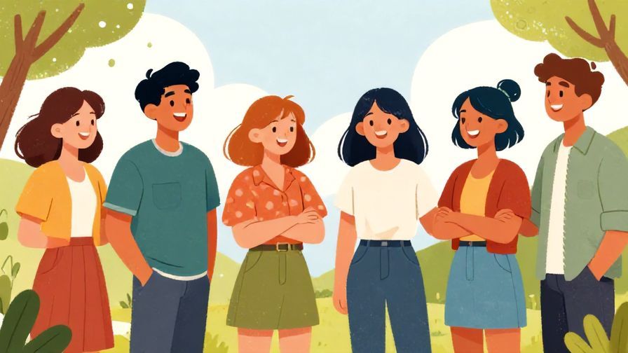 Illustration of a casual group laughing together outdoors, showing relaxed acceptance of change, bright colors, illustrated style