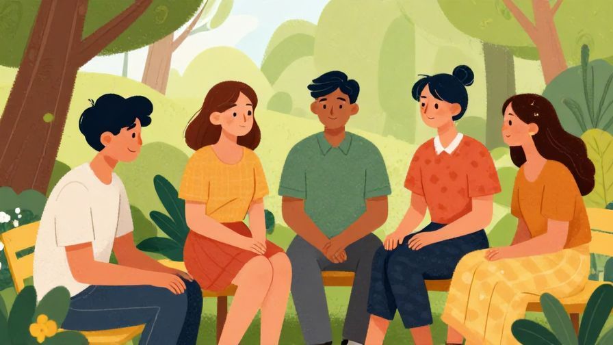 Illustration of a casual group of friends chatting, one looking down with a resigned smile, park setting, colorful, illustrated style