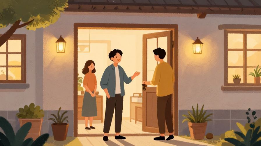 Illustration of a casual house entrance with a smiling person inviting a friend inside, warm lighting