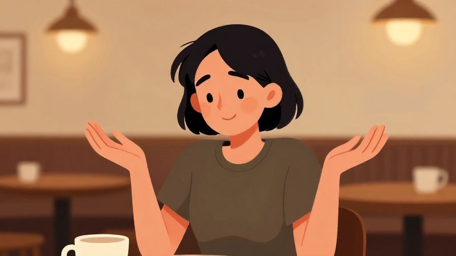 Illustration of a casual person shrugging with a gentle smile, cozy cafe background with warm lighting