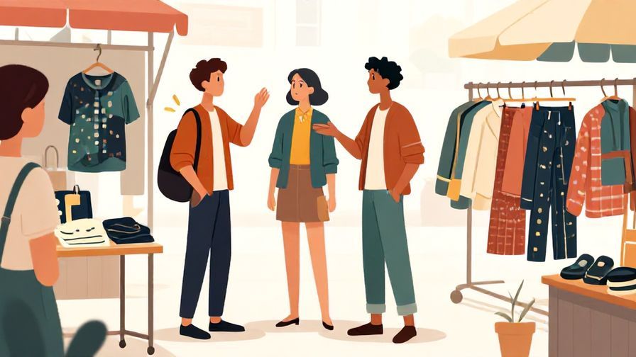 Illustration of a casual shopper confidently asking for different sizes, wearing casual clothes in a street market
