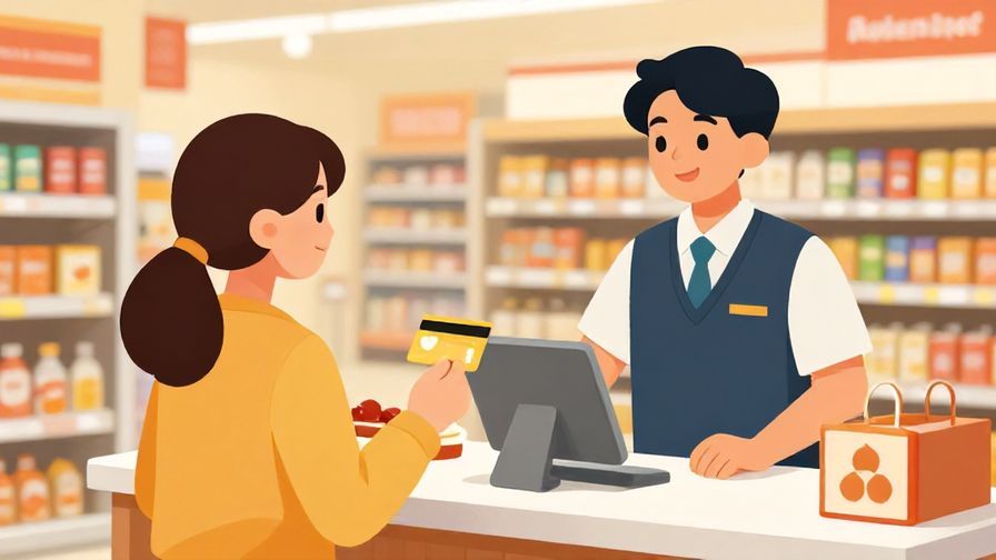 Illustration of a casual shopper holding a credit card, asking a cashier in a bright supermarket, friendly and clear atmosphere