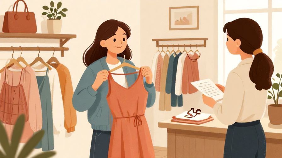 Illustration of a casual shopper holding a dress, with a playful smile, chatting with a store clerk in a cozy boutique