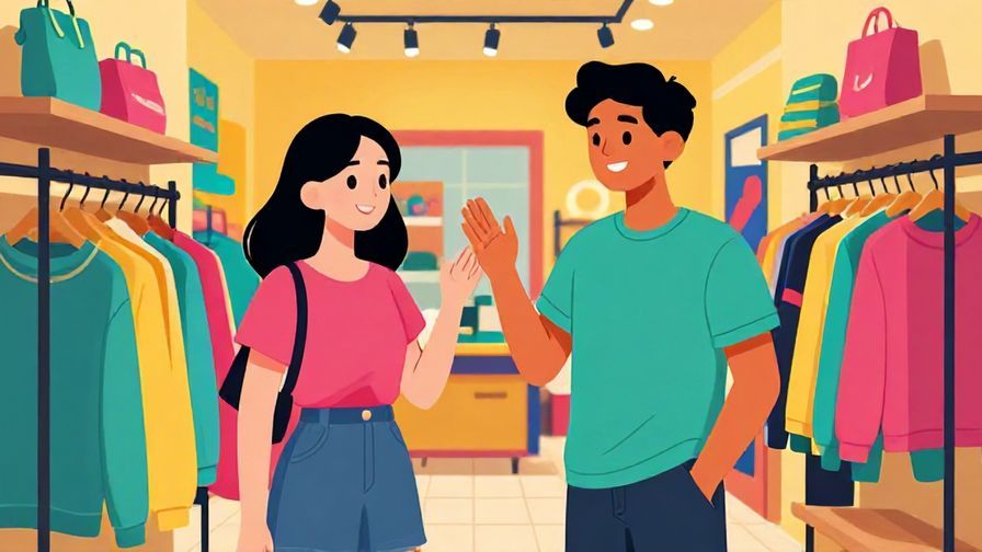 Illustration of a casual shopper smiling and asking for a slightly bigger size in a youthful, vibrant store