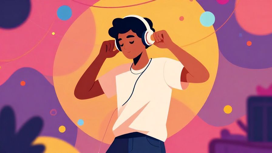 Illustration of a casual, trendy person dancing with headphones, bright and colorful party background