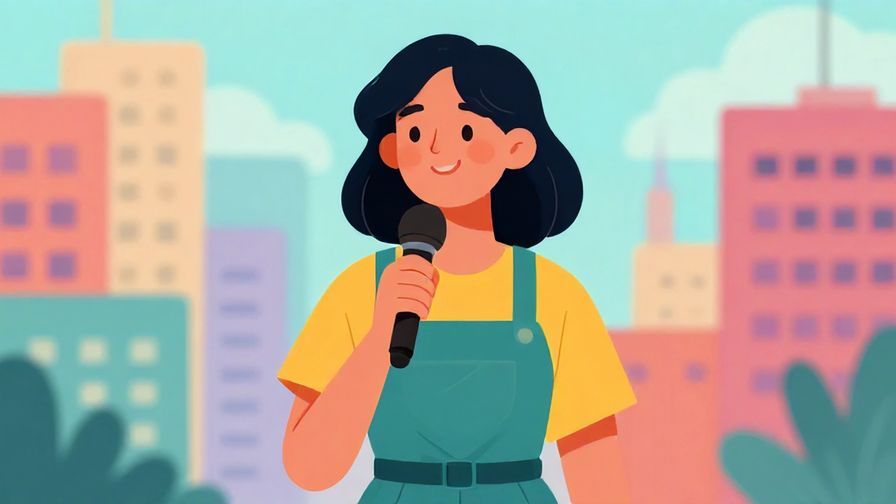Illustration of a casual woman speaking with a relaxed smile, colorful city background