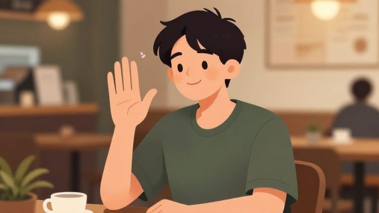 Illustration of a casual young person holding up a hand in a gentle “wait” gesture with a relaxed smile, sitting in a cozy café background, warm lighting