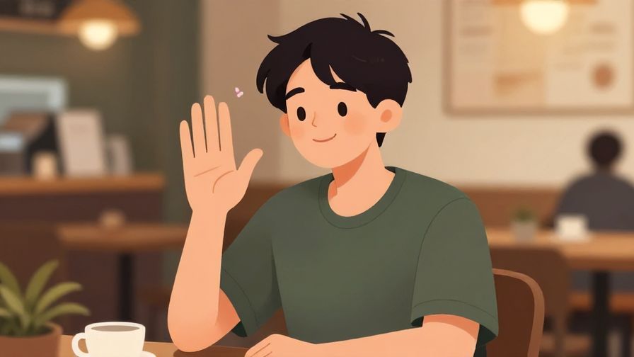 Illustration of a casual young person holding up a hand in a gentle “wait” gesture with a relaxed smile, sitting in a cozy café background, warm lighting