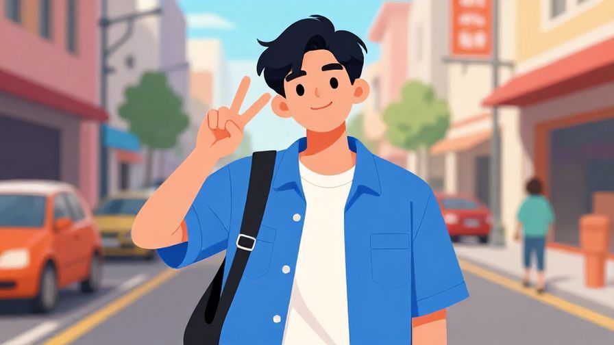 Illustration of a casual young person making a peace sign, relaxed street scene, vibrant colors