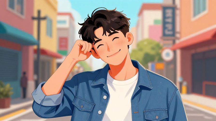 Illustration of a casual young person shaking their head with a playful smile, vibrant street background, detailed, illustrated style