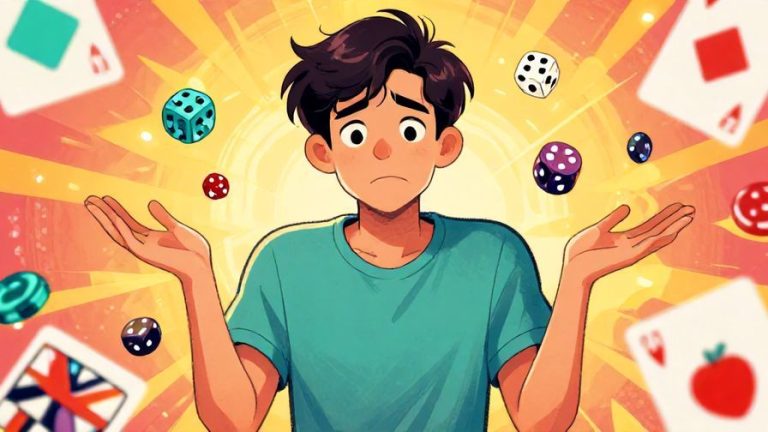 Illustration of a casual young person shrugging with a slightly frustrated smile, surrounded by small losing game tokens like dice and cards, detailed background, vibrant colors, illustrated style