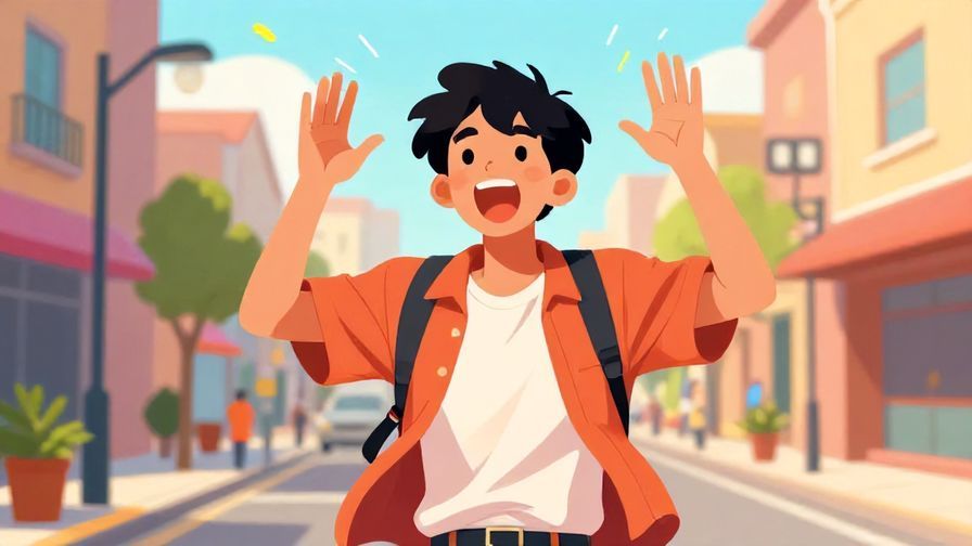 Illustration of a casual young person throwing up their hands dramatically, bright street background, energetic colors, illustrated style