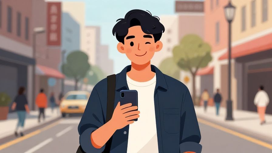 Illustration of a casual young person with a playful grin, holding a phone, urban street scene
