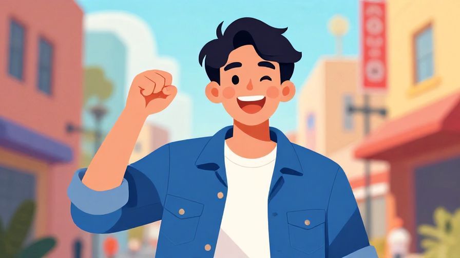 Illustration of a casual young person with excited grin, fist pump, colorful urban background