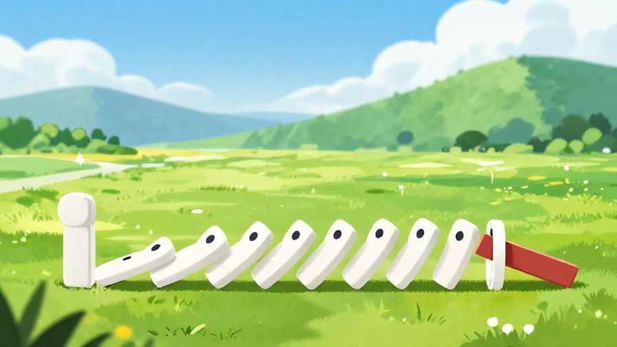 Illustration of a cause-and-effect chain with falling dominoes in a peaceful Japanese countryside setting, symbolizing the flow of karma, bright and clean colors