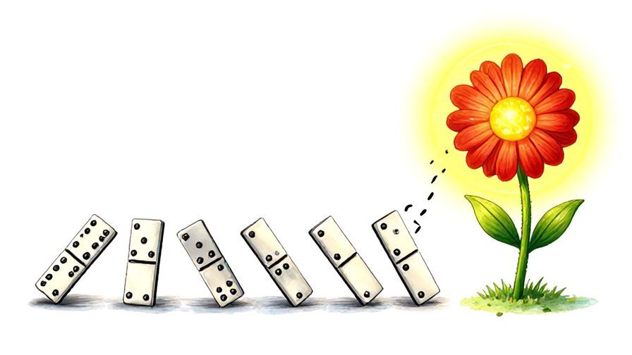 Illustration of a chain of falling dominoes leading to a glowing flower blossoming, symbolizing cause and effect, vibrant colors, illustrated style