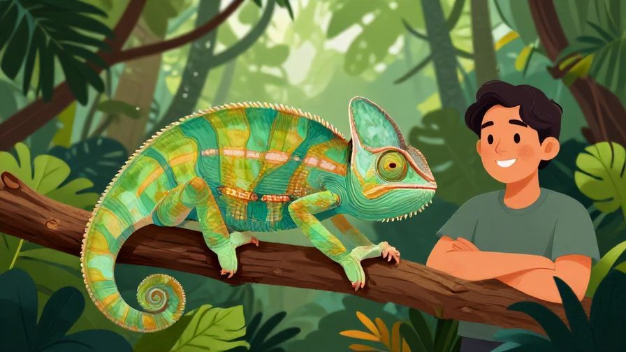 Illustration of a chameleon changing colors smoothly on a branch, a person smiling confidently nearby, lush jungle background, illustrated style