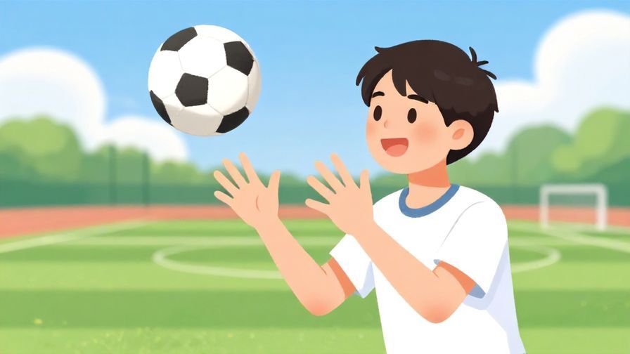 Illustration of a character barely catching a ball, smiling with relief, bright sports field background