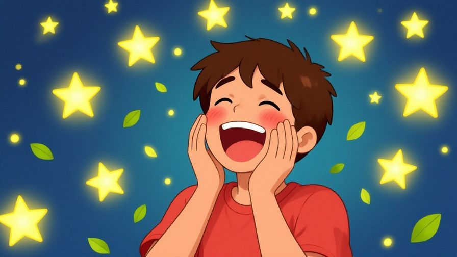 Illustration of a character blushing and laughing nervously, surrounded by stars and floating leaves, bright playful colors