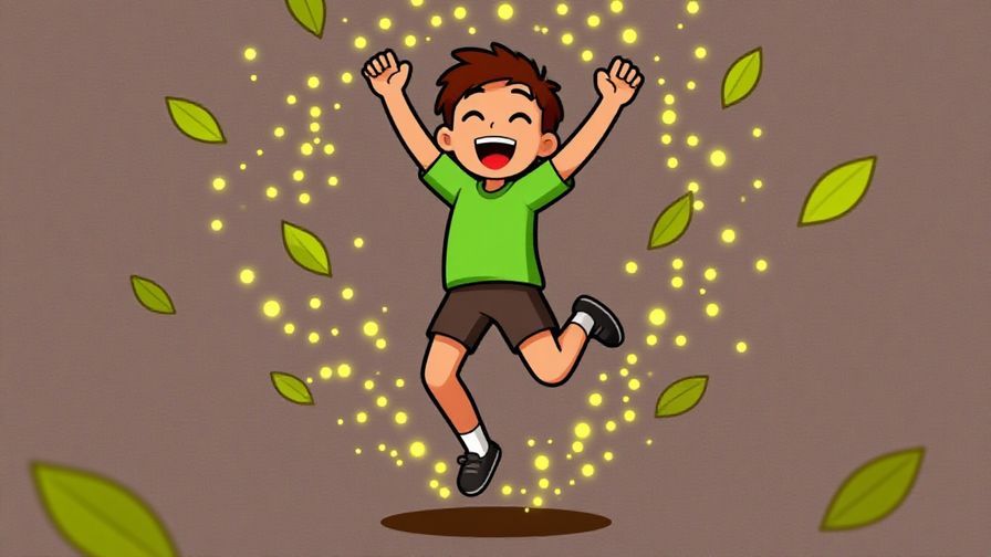 Illustration of a character bouncing lightly on their toes with a joyful expression, surrounded by floating leaves and light dots, bright colors