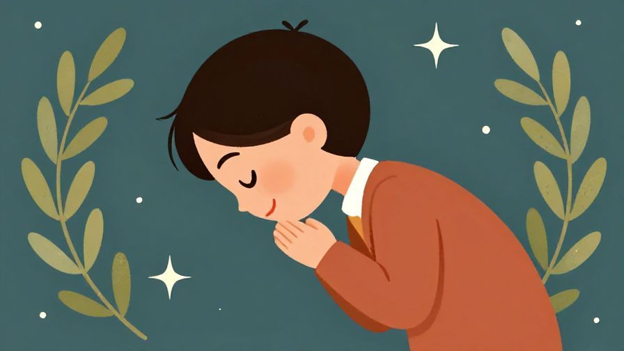 Illustration of a character bowing respectfully with a humble smile, surrounded by olive branches and stars, elegant colors