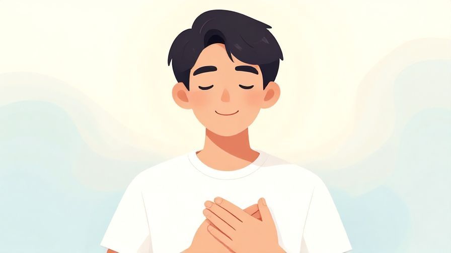 Illustration of a character calmly smiling with a hand over their heart, peaceful background, soft lighting