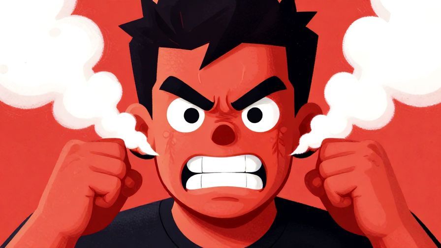 Illustration of a character clenching fists with an angry red face, steam coming from ears, vibrant colors, illustrated style