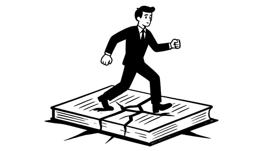 Illustration of a character confidently stepping over a cracked rulebook, bold and expressive style