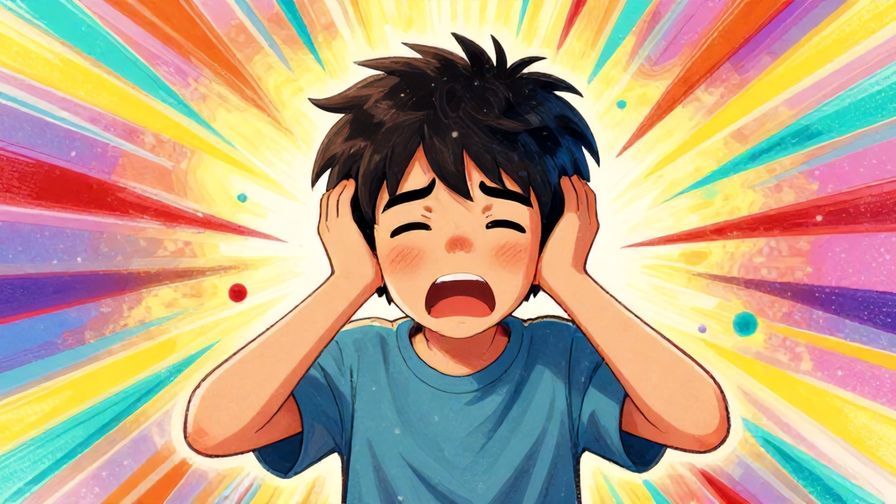 Illustration of a character covering their ears with a pained expression while loud noises swirl around, vibrant colors, illustrated style