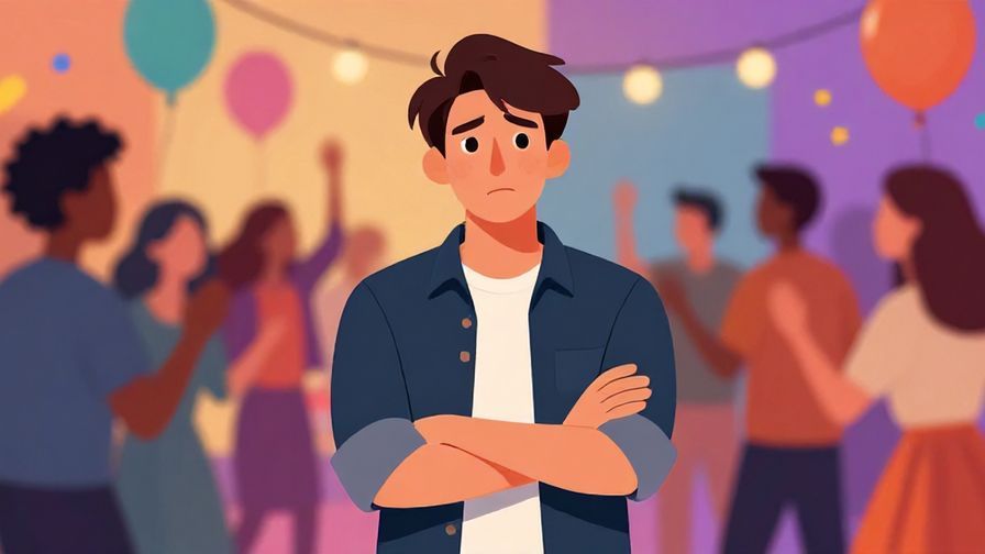 Illustration of a character crossing their arms and looking uninterested at a lively party, colorful background