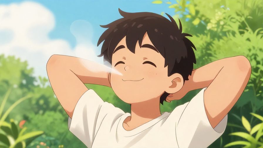 Illustration of a character exhaling deeply with a relaxed smile and hands behind their head, sunny outdoor background