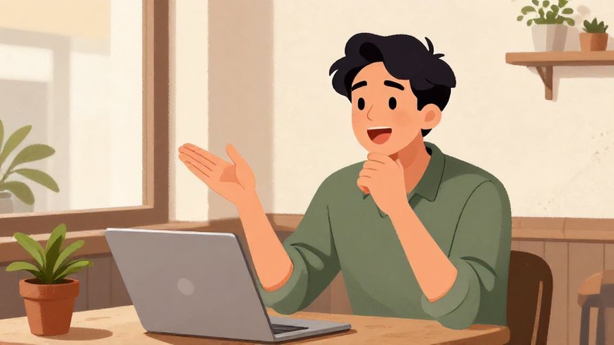 Illustration of a character explaining something with a casual, laid-back expression in a café