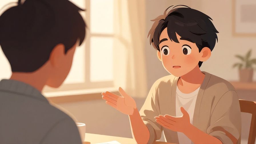 Illustration of a character gently asking another for help, with open palms and a hopeful expression, indoors with warm lighting, illustrated style