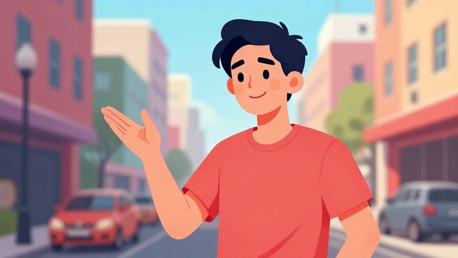 Illustration of a character giving a casual warning gesture with a smile, urban street background, vibrant colors