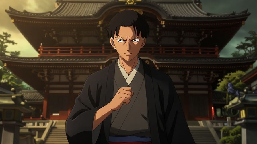 Illustration of a character giving a stern warning, standing in front of a traditional Japanese temple with intense lighting