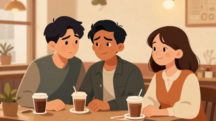 Illustration of a character grimacing nervously, another character smirking with a knowing look, in a cozy cafe setting