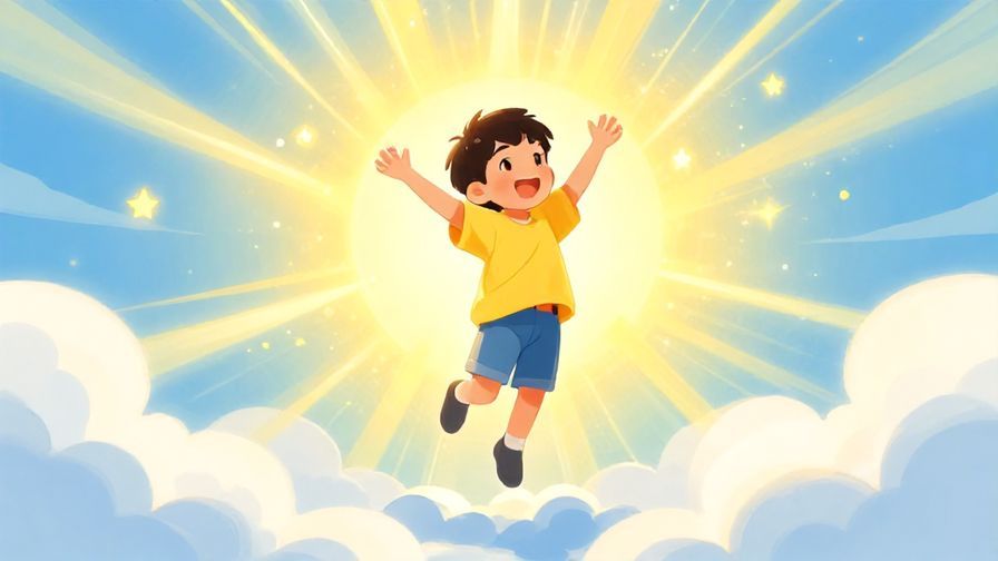 Illustration of a character happily floating upward among clouds and stars, with radiant sun rays in the background, bright colors
