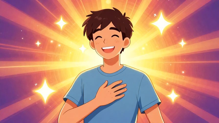 Illustration of a character holding their chest with a bright smile, surrounded by stars and light rays, vibrant and warm colors