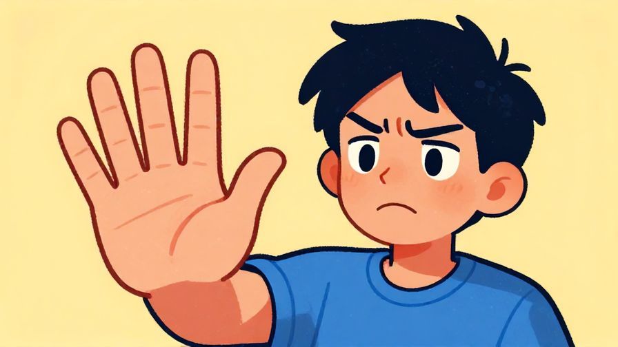 Illustration of a character holding up their hand in a stopping gesture with an exasperated expression, vibrant colors, illustrated style