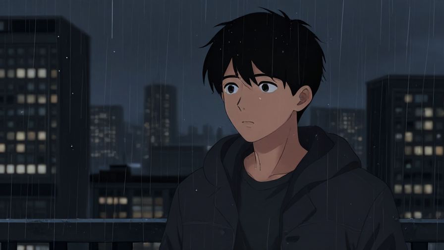 Illustration of a character looking away coldly with a dark cityscape behind, rain falling softly